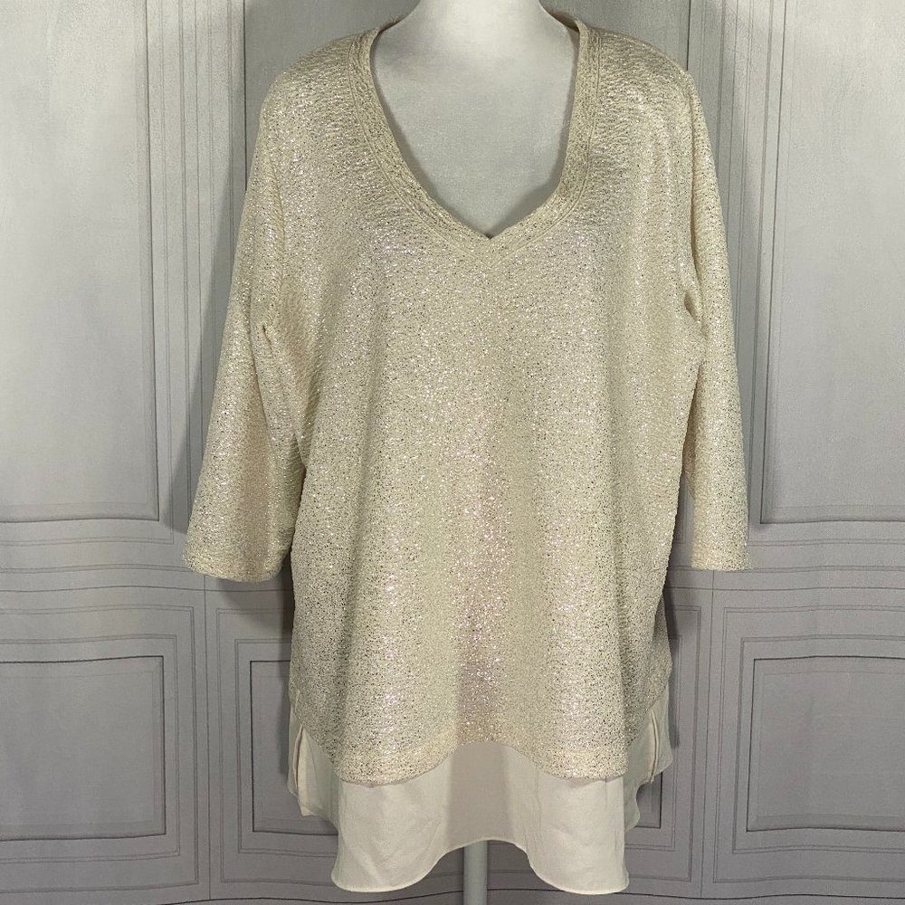 Karen Kane Cream & Silver Specked Faux Layered V-Neck Tunic 1X